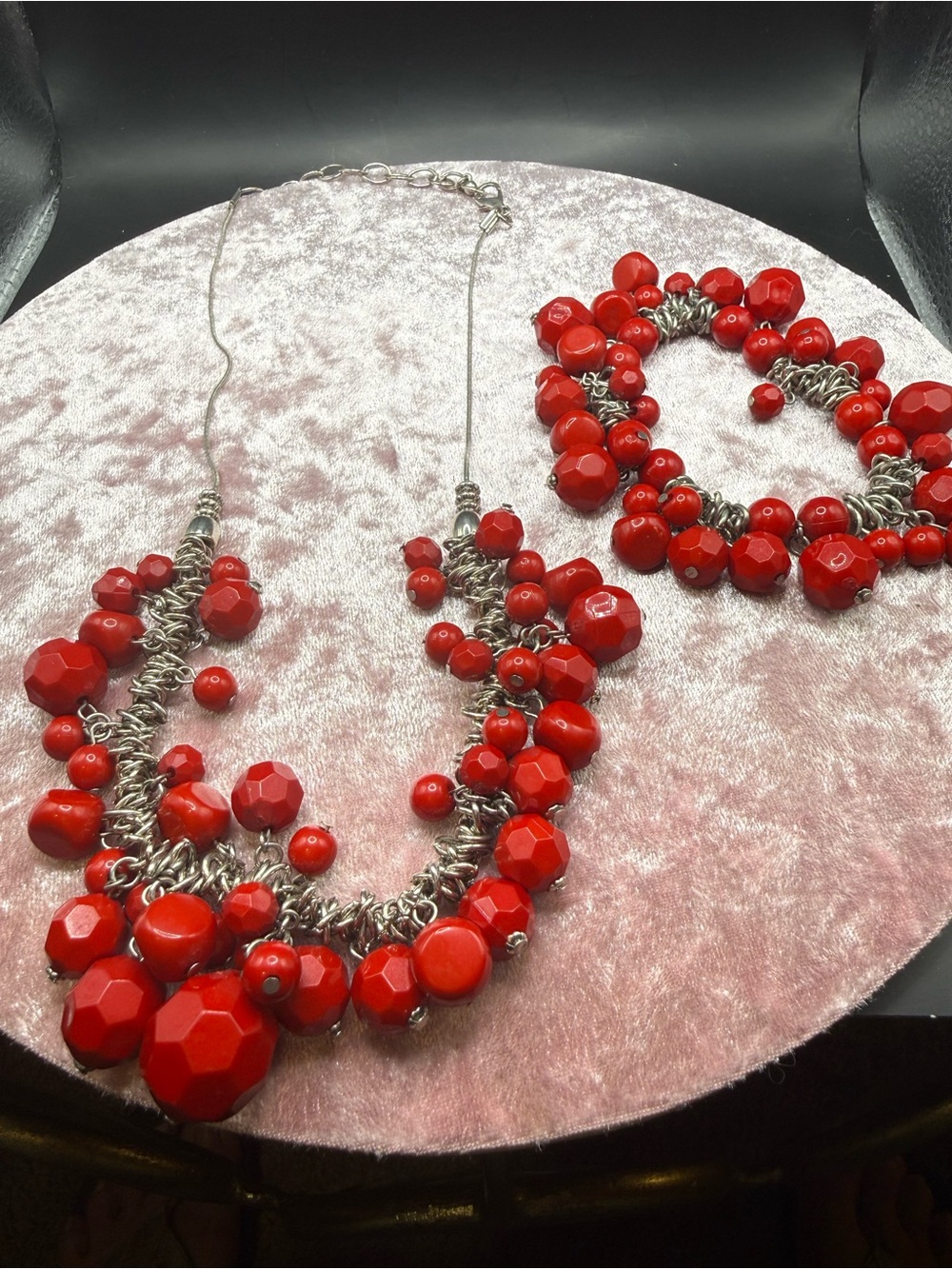 Red Cluster Bead Necklace and Bracelet Matching Jewelry Set